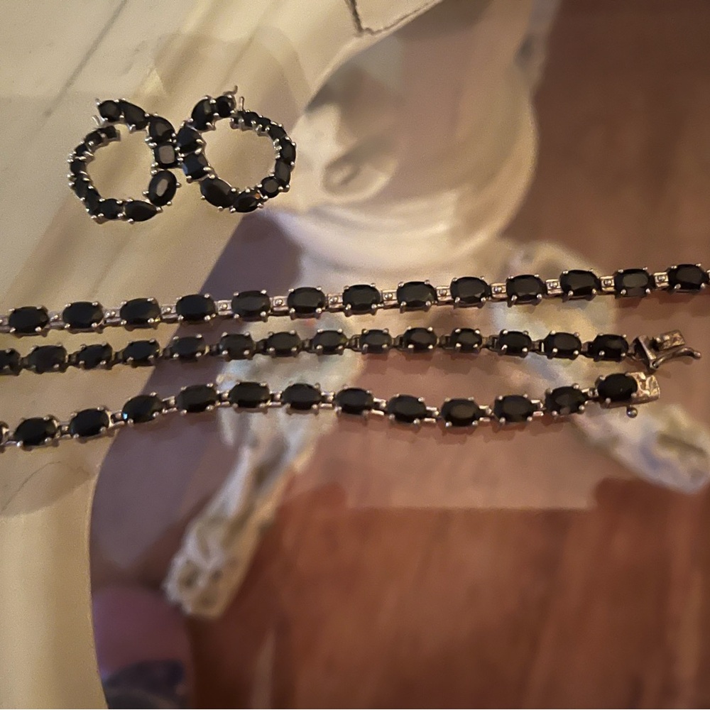 Elegant Black blue  sapphire Tennis Bracelet and Hoop Earring Set and necklace